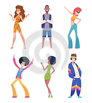 80s people. Old style persons in casual colored clothes outfit characters man and women exact vector retro persons