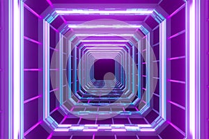 80s retro abstract technology blue purple background tunnel light. Corridor 3d rendering of web banner. Futuristic city skyline