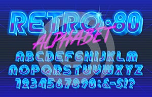 80s Retro alphabet font. Glowing 3D letters and numbers.