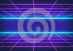 80s Retro Futurism Sci-Fi Background. glowing neon grid. banner, poster. 3d rendering