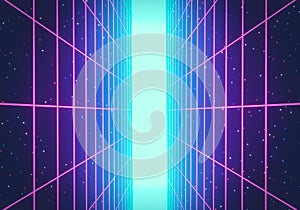 80s Retro Futurism Sci-Fi Background. glowing vertical neon grid. banner, poster. 3d rendering