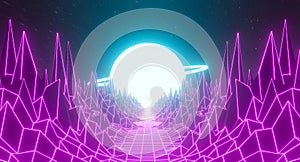 80s retro futuristic city background abstract grid landscape design. Game 3D rendering illustration of dark purple pink neon light