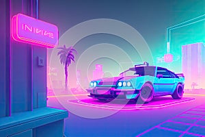 80s retro futuristic drive, vintage car. Synthwave sci-fi landscape. Retrowave style, night sky. Vaporwave. Generative AI