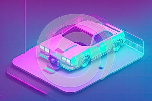 80s retro futuristic drive, vintage car. Synthwave sci-fi landscape. Retrowave style, night sky. Vaporwave. Generative AI