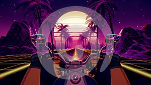 80s retro futuristic sci-fi biker background. VJ landscape with motorcycle pov