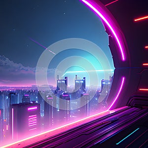 80s retro futuristic sci-fi., nostalgic 90s. Night and sunset neon colors, cyberpunk vintage illustration. Sun