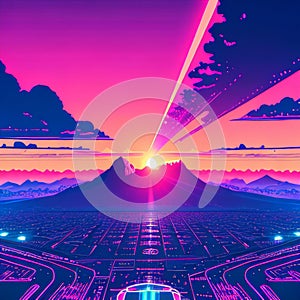 80s retro futuristic sci-fi., nostalgic 90s. Night and sunset neon colors, cyberpunk vintage illustration. Sun