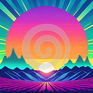 80s retro futuristic sci-fi., nostalgic 90s. Night and sunset neon colors, cyberpunk vintage illustration. Sun