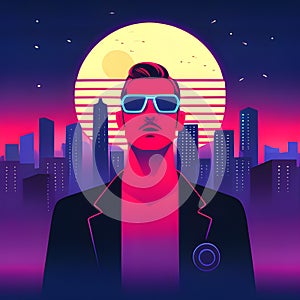 80s retro futuristic sci-fi., nostalgic 90s. Night and sunset neon colors, cyberpunk vintage illustration. Sun