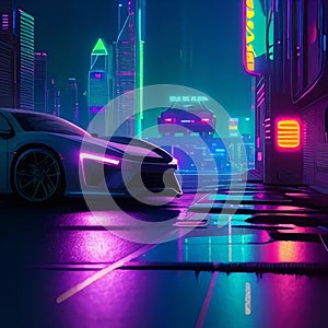 80s retro futuristic sci-fi., nostalgic 90s. Night and sunset neon colors, cyberpunk vintage illustration. Sun