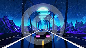 80s retro futuristic sci-fi seamless loop. VJ landscape with vintage car