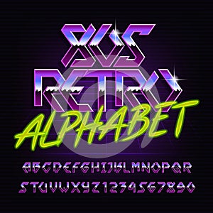 80s retro metal alphabet font. Chrome effect colorful shiny letters and numbers.