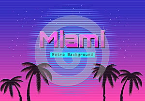 80s Retro Neon gradient background. Palms and sun. Tv glitch effect. Sci-fi Miami beach.
