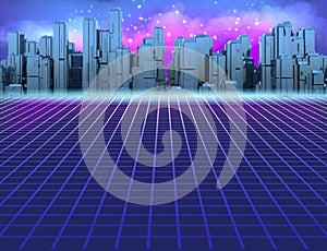 80s Retro Sci-Fi Background with Futuristic City. Synth retro wave illustration in 1980s posters style.