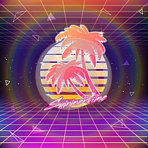 80s Retro Sci-Fi Background with Palms and Sun