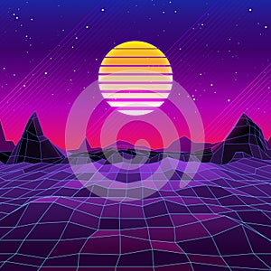 80s Retro Sci-Fi Background with Sun and Mountains