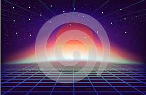 80s Retro Sci-Fi Background with sun. Vector futuristic synth retro wave illustration in 1980s posters style.