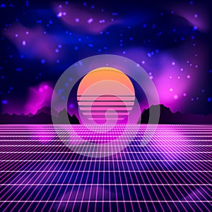 80s Retro Sci-Fi Background with Sunrise or Sunset. Vector futuristic synth retro wave illustration in 1980s posters