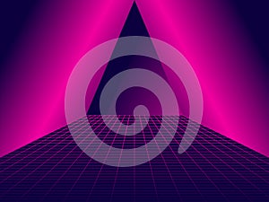 80s retro sci-fi background with triangle and grid. Virtual reality. Synthwave and retrowave style. Vector illustration