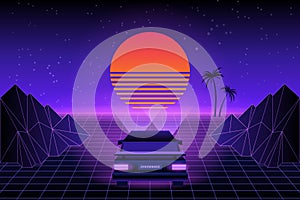 80s Retro Sci-Fi Background. Vector retro futuristic synth retro wave illustration in 1980s posters style. Suitable for any print