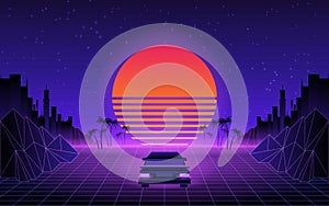 80s Retro Sci-Fi Background. Vector retro futuristic synth retro wave illustration in 1980s posters style. Suitable for any print