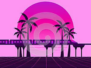 80s retro sci-fi landscape with train. Futuristic palm trees on a sunset. Synthwave and retrowave style. Vector illustration