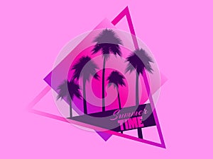 80s retro sci-fi palm trees on pink background. Retro futuristic cube with palm trees. Summer time. Synthwave and retrowave style