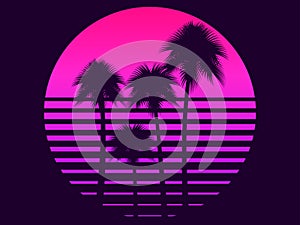 80s retro sci-fi palm trees on a sunset. Retro futuristic sun with palm trees. Summer time. Synthwave and retrowave style. Vector