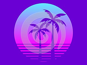 80s retro sci-fi palm trees on a sunset. Retro futuristic sun with palm trees. Summer time. Synthwave and retrowave style. Vector