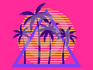 80s retro sci-fi palm trees on a sunset. Retro futuristic sun with palm trees in a triangular frame. Synthwave style. Design for