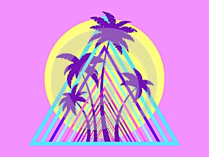 80s retro sci-fi palm trees on a sunset. Retro futuristic sun with palm trees in a triangular frame. Synthwave style. Design for