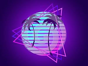 80s retro sci-fi palm trees on a sunset in triangular frame. Retro futuristic sun with palm trees. Synthwave and retrowave style.