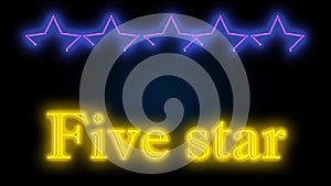 The 80s retro style neon signboard animation, five stars glowing with purple and pink neon colors and below them written five star