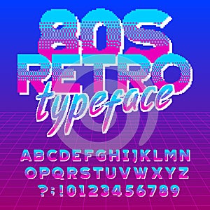80s retro typeface. Pixel letters and numbers. Stock vector alphabet font.