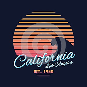 80s style vintage California typography. Retro t-shirt graphics with tropical paradise scene and wave
