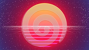 80s Sun Background. Retro Future Sunset Banner. Big Neon Sun. Synthwave Backdrop. Retrowave Style