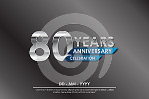 80th years anniversary celebration emblem. anniversary elegance silver logo isolated with blue ribbon, vector illustration