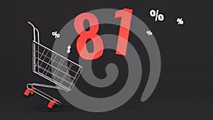 81 percent discount flying out of a shopping cart on a black background. Concept of discounts, black friday, online sales. 3d