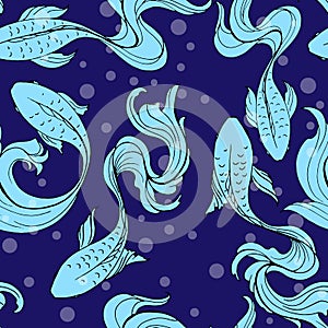 810 pattern, Seamless pattern in blue with stylized fish