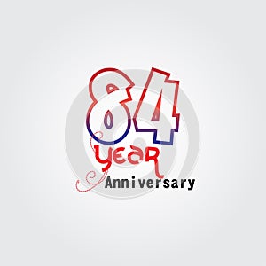 84 years anniversary celebration logotype. anniversary logo with red and blue color isolated on gray background, vector design for