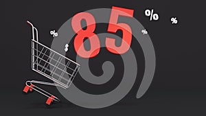 85 percent discount flying out of a shopping cart on a black background. Concept of discounts, black friday, online sales. 3d