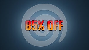 85 percent off discount sale, neon glitch banner on black background.