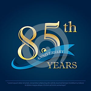 85th years anniversary celebration emblem. elegance golden anniversary logo with blue ribbon on dark blue background, vector