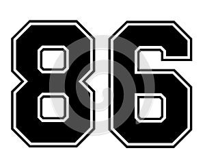 86 Classic Vintage Sport Jersey Number in black number on white background for american football, baseball or basketball