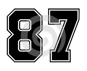 87 Classic Vintage Sport Jersey Number in black number on white background for american football, baseball or basketball