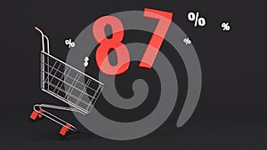 87 percent discount flying out of a shopping cart on a black background. Concept of discounts, black friday, online sales. 3d