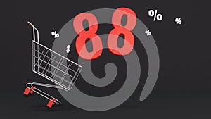 88 percent discount flying out of a shopping cart on a black background. Concept of discounts, black friday, online sales. 3d