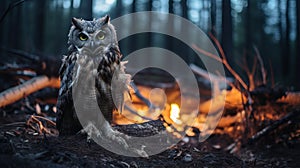 8k Darkerrorcore Owl By The Fire In The Woods