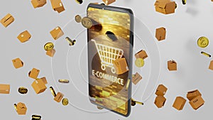 8K E-commerce 3D render Smartphone, Parcels, and Golden Coins Falling down with Shopping cart Digital Display on the Screen Ver.2