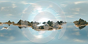 8K HDRI map: ocean landscape - islands with mountains and sandy beaches under a sunny sky realistic 360 degree render for spheric